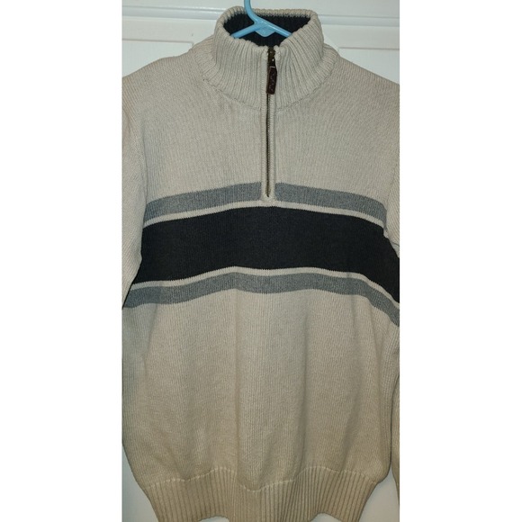 Eddie Bauer Sweater Mens M Navy Gray Striped Beige Cotton Quarter Zip Sweatshirt - Picture 7 of 8